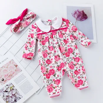 Baby dekle romper novorojenčka oblačila z dolgimi rokavi romper cvjetnim tiskanje jumpsuit novorojenčka dekle romper + glavo 2pcs/set