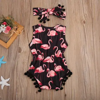 Baby Toddler Otroci, Dekleta, Flamingo Romper Tassel Jumpsuit Glavo Obleke