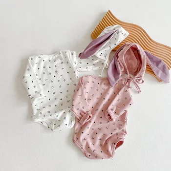 MILANCEL 2020 Baby Bodysuit Bombaž Dekliška Oblačila Listov Tiskanje Novorojenčka Dekleta, Obleka, s Zajček Klobuk