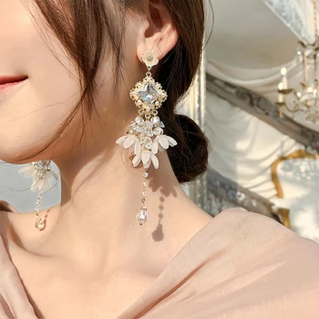 2020 korejski Novo Modno Oblikovanje Nakita Pretirana Beli Cvetovi Kristali, Uhani, Poletje Slog, Počitnice Stranka Uhani za ženske