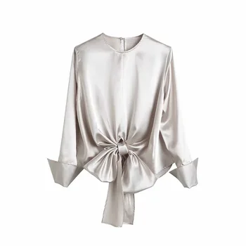 2020 Nov Prihod Vroče Prodaje Polno Saten Trdna Ženske Bluze Kimono Plus Velikost Poletje Z Bowknot Turtleneck Shirt Ženski Lok Blusas