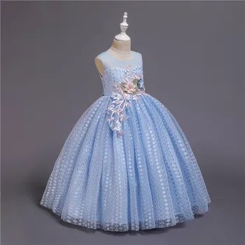 2020 Nova Princesa Čipke Obleko Otroci Dolgo sleeved Polka Dot Cvet Vezenje Oblačenja Za Dekleta Pageant Uradno Žogo Obleke Kostum