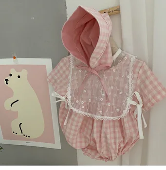 2020 Poletje Novorojenček Dojenček Fant Dekleta Kariran Bodysuits+ Klobuk+ hlače z Oprsnikom 3pcs Bombaž za Dojenčke Oblačila, ki Toddlers Jumpsuits