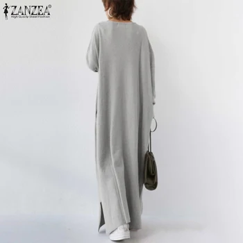 2021 Ženske Dolgo Obleko Maxi ZANZEA Dame Retro Vestidos Jeseni Ženski Dolg Rokav Sundress Oversize 5XL Priložnostne Trdna Haljo Longue