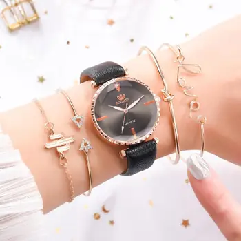 5pcs Set Top Modni Stil Žensk Luksuzno Usnje Pasu Analogna Quartz ročno uro Dame Watch Ženske obleke Reloj Mujer Črna Ura