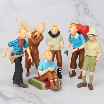 6pcs 5 cm - 8 cm The Adventures of Tintin Figur Tintin Zasneženih Modra Lotus Risanka Slika Zbirateljske Model Igrače