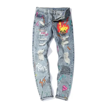 ABOORUN Hip Hop Grafiti Natisnjene Jeans Moške Zdrobljen Luknjo Kavbojke Ulične Osebnost Dolgo Svinčnik Jeans za Moške