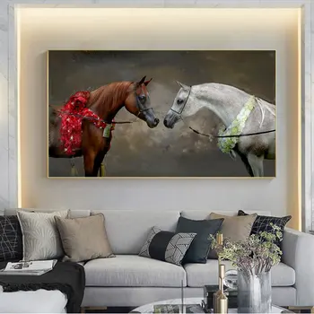 Arabskem Konju, Slikarsko Platno, Slikarstvo, Umetnost Črni Konj Belem Konju, Slike Živali Oljna slika, Plakati za Dnevna Soba Dekor