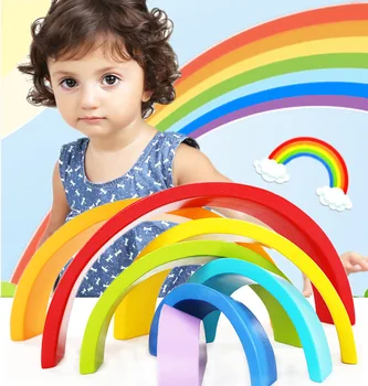Baby izobraževalne igrače lesenih blokov, mavrične barve bloki most Stacker Barve razvrsti Igre Gnezda Ustvarjalne Lesa Kroga Nastavite 7pcs/set