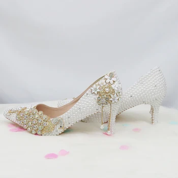 BaoYaFang White pearl Ženske poročni čevlji z ujemajočimi vrečke nevesta Visoke Tanke pete Konicami Prstov Pav Ženske Stranka niz Čevelj torba