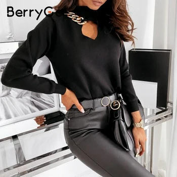 BerryGo Seksi pozimi trdni verigi visoko vratu jopica ženske Elegantne dolge rokave ključavnična luknja puloverju Moda mehke puloverje high street
