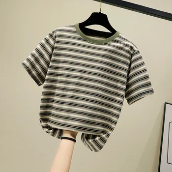 Bombaž Striped Majica s kratkimi rokavi za Ženske Harajuku Tshirt Poletje Kratek Rokav korejski Punk T-shirt camiseta feminina L0335