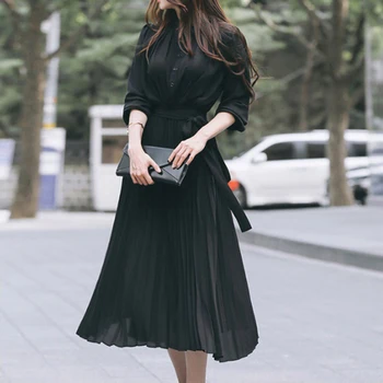Elegantno šifon Gub obleke za ženske v korejskem slogu visoko pasu slim maxi vintage obleko z dolgimi rokavi ženske A-linije dolge obleke