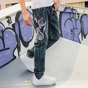 High Street Japonski Vezenje Traper Hlače Moški Naravnost Zadrgo Jeans Hlač Hip Hop Ulične Priložnostne Svoboden Joggers Jean Hlače