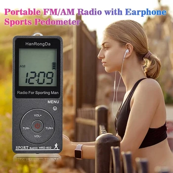 HRD-602 Prenosni Radijski Sprejemnik FM/AM Radio, LCD-Zaslon Zaklepanje Gumb Pocket Radio s Slušalkami, Šport Pedometer