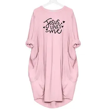 Jezus Me Ljubi Črke Vere Tiskanje Žep Plus Velikost Jeseni Obleko Obleka Ženske Obleke Vestidos Boho Flamingo Harajuku Kawaii