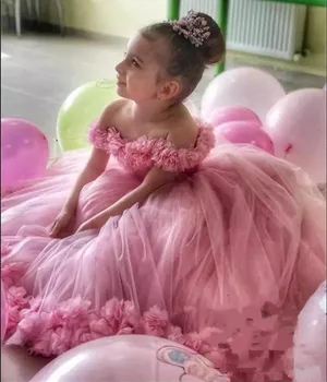 Lep Pink Princess Cvet Dekleta Obleke Off Ramenski Til Ročno Izdelane Rože Dolžina Tal Rojstni Dan Otroka, Dekle Pageant Oblek