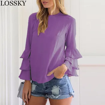 LOSSKY Ženske ChiffonRuffle 2020 Jeseni Bluzo Majica Priložnostne Dolgo Flare Sleeve Solid Poletne Bluze, Srajce Plus Velikost Ženske Vrhovi