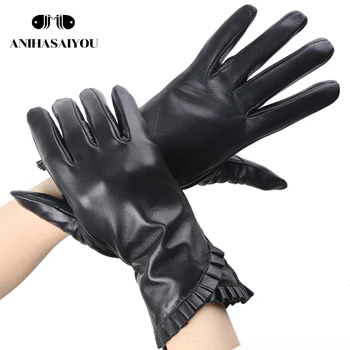 Modni Črno ovčje kože ženske rokavice,Zgostitev ženske zimske rokavice,toplo ženske usnjene rokavice-397