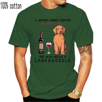 Moški Majica s kratkimi rokavi Labradoodle in vino smešno pes rokavi Ženske T-Shirt