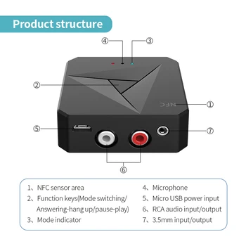 NFC Bluetooth 5.0 Avdio Sprejemnik Oddajnik Stereo 3.5 mm AUX RCA Jack Brezžični Adapter za Ključ Z Mic Za Avto, TV, PC Zvočniki