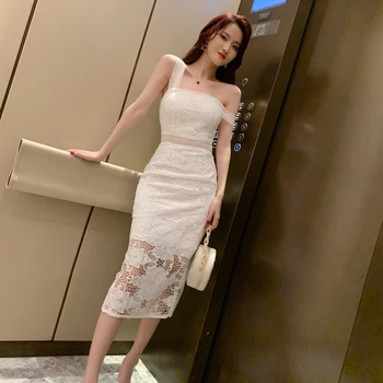 Nov prihod moda korejska stranka obleko ženske elegantne poletne seksi eno-ramo čipke vidika temperament OL svinčnik obleko