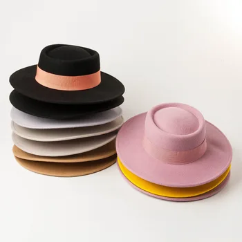 Nov prstan v obliki pavšalnih-top volne klobučevine big kapi Bowler pokrivalo ženske spomladi in jeseni in pozimi moda ravno-top volnene klobuk