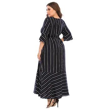 Plus Velikost Ženske Obleko 2020 Jeseni Flare Tričetrt Rokav Prugasta Tiskanja Priložnostne Obleko Obavijen Mozaik Maxi Dolge Obleke