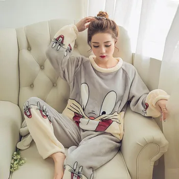 Pozimi Bombaž Korejski Pjs Tiskanja Pižame Ženske Okoli Vratu Dolg Rokav Vrh Dolge Hlače Domov Oblačila Pižamo Nastavite Pijama Mujer