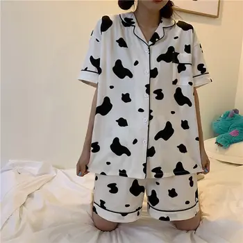 QWEEK Krava Tiskanja Pižamo za Ženske Spavaćica Pijamas Domov Oblačila za Ženske Pyjama Femme 2020 Bombaž Nightgowns Ženske Poletje