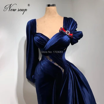 Royal Modra Saten Formalno Slaven Halje Dubaj Rdeči Preprogi Halje Prom Obleke 2021 Haljo De Soiree En Dolg Rokav Večerne Obleke