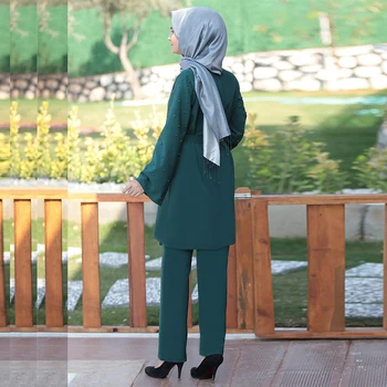 Siskakia Abaya Nastavite Turčija Dubaj Muslimanskih Moda Biseri 2 Delni Set Ženska Obleke Trdna Dolg Rokav Vrhovi Z Dolge Hlače 2020 Nova