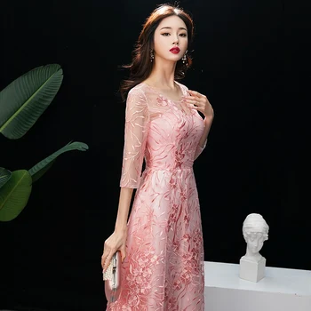 To je Yiiya Večerno Obleko O-vratu Vezenje Večerne Obleke Pink Plus Velikost LF176 Formalno Halje Dolg Rokav Pol haljo de soiree
