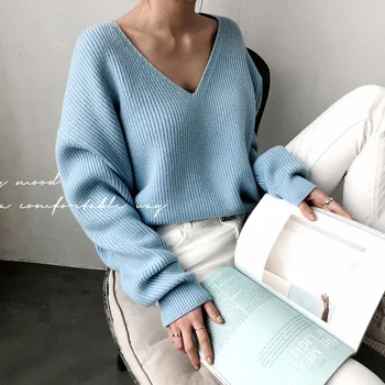 Toppies 2020 Padec Ženska Jopica seksi svoboden globoko v-vratu, rami pulover, bele knitter vrhovi korejski Zimska Oblačila