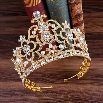 Vintage Kralj Kraljica Diadem Baročni Zlati Kovinski Tiaras Red Crystal Pearl Krono Nevesta Poročni Dodatki za Lase Ženske, nakit za Lase
