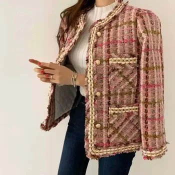 Vintage Palid Tweed Jakna Ženske, Oblikovanje Gumbe O-Vratu Dolg Rokav Jeseni, Pozimi Urad Elegantne Dame Plašč Bomber Harajuku 2020