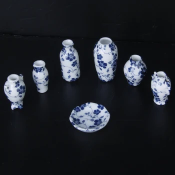 Visoka Kakovost 1/12 7pcs Lutke Miniature Keramični Kitajska Porcelanasta Vaza Modra Trte Klasična Kuhinja Igrače Darilo za Rojstni dan za Otroka