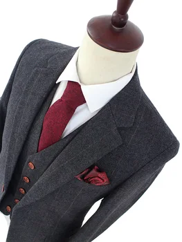 Volna Temno Siva Kost Tweed meri slim fit poroka obleke za moške Retro gospod slog meri moški 3 kos obleko