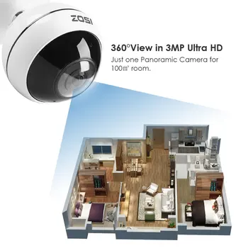 ZOSI 3MP Notranji Brezžični 360-Stopinjski Panoramski IP Varnostna Kamera, WiFi Kamera Gibanja, Alarm, dvosmerni Audio IR Nočno Vizijo Reža za TF