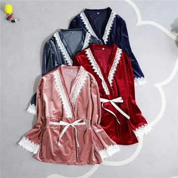 Žamet Ženske Dolgo Haljo Obleke Seksi 2PCS Nightgown Priložnostne Sleepwear Nastavite More Jeseni Kimono kopalni plašč Spa Nightdress M, L, XL