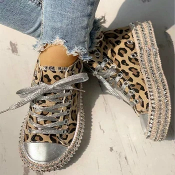 Ženska Pomlad Leopard tiskanja Platno Modne Superge Nosorogovo bleščica ravno Divje ženske čevlje Mladine športna obutev Plus Velikost 2020