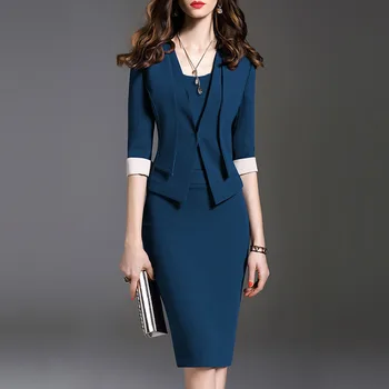 Ženske Poslovnih Urad Obleko Poletje 2019 Blue Plus Velikost Svinčnik Obleko Mozaik Tunika Midi Obleko Elegantno Urad Obleko Za Ženske