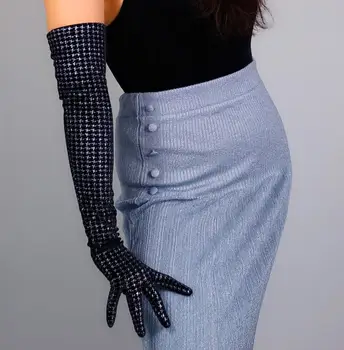 Ženske vzletno-pristajalne steze, modni, elegantni, elastični kariran žamet dolge rokavice ženske črne barve pleuche stranka vožnje rokavice 60 cm R2724